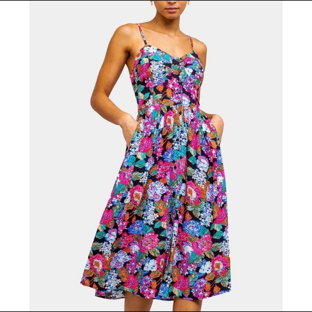 Rollas Eve Tapestry Midi Dress Medium Floral Button Front Pockets Black Pink